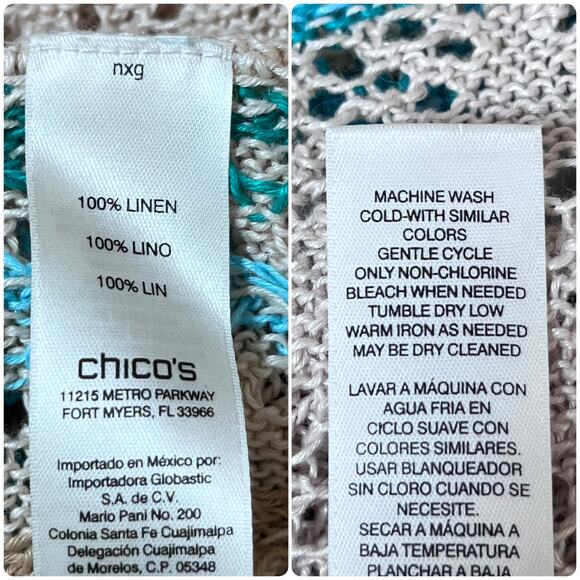 Chico’s Linen Open Crochet Fringe Hem Waist Tie Longline Cardigan Large Boho - Picture 9 of 10